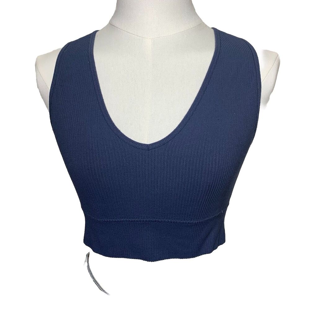 Garage Ribbed V-Neck Crop Top Womens Small Blue Sleeveless Knit Tank Bralette